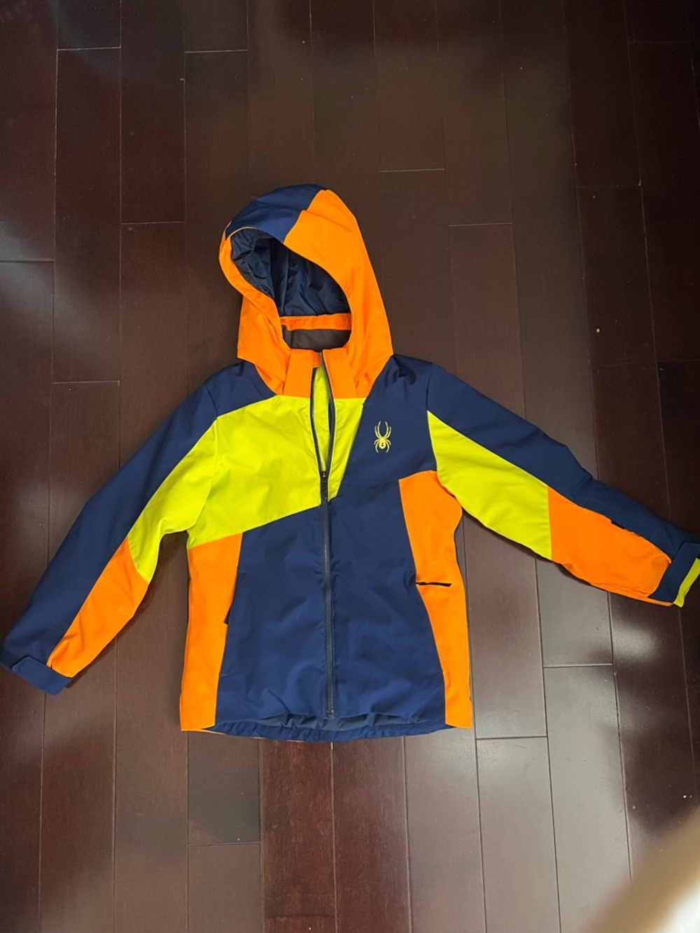 Spyder Kids Colorblock Hooded Rain Jacket in Navy, Orange & Neon Yellow